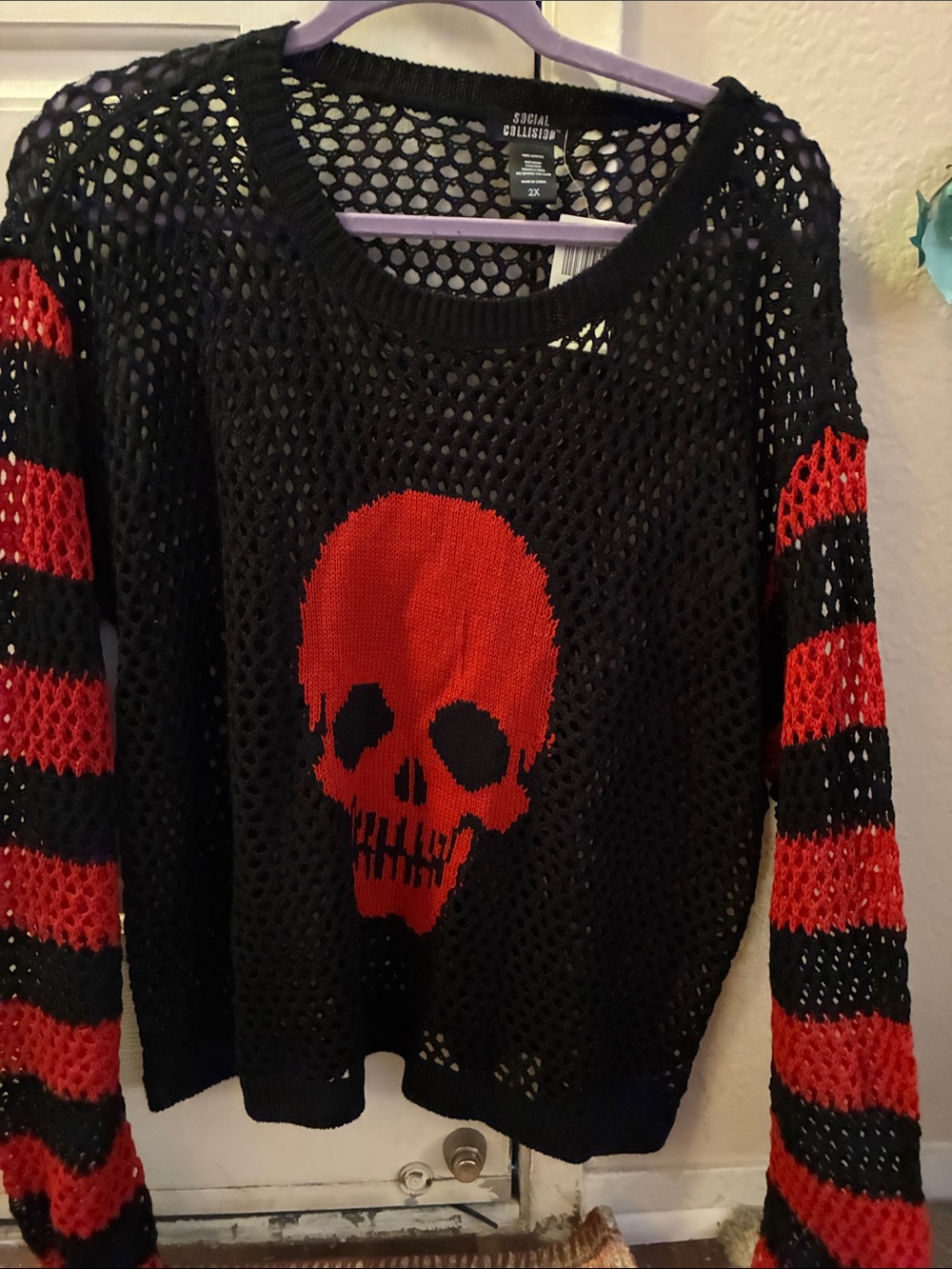 Social Collusion Black & Red Open-Knit Skull Sweater